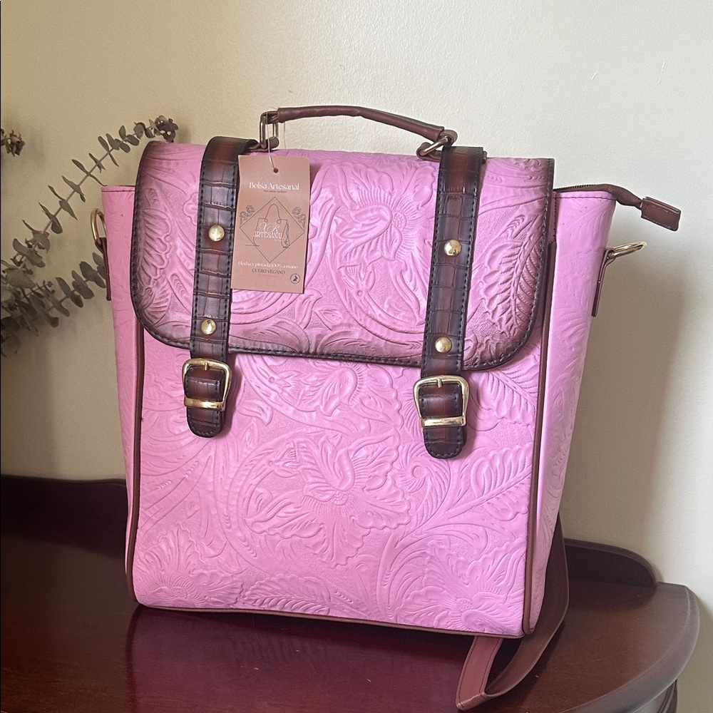 Pink Embossed Leather Backpack  handmade from Mexico